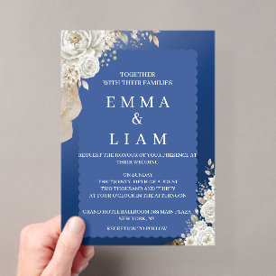 Elegant Navy Blue Gold White Rose Scalloped Acrylic Invitations