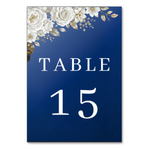 Elegant Navy Blue Gold White Rose Wedding Table Number
