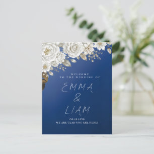 Elegant Navy Blue Gold White Rose Wedding Welcome Postcard