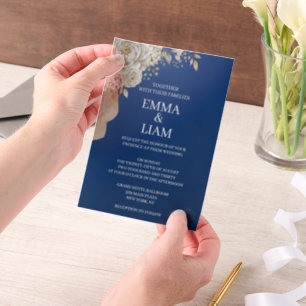Elegant Navy Blue Gold White Wedding Invitation