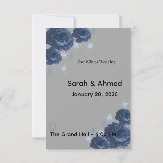 Elegant Navy Blue & Gold Winter Floral Wedding Inv RSVP Card (Front)