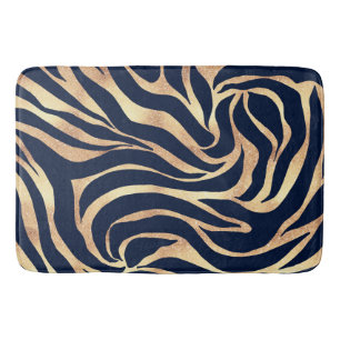 Elegant Navy Blue Gold Zebra Print Bath Mat