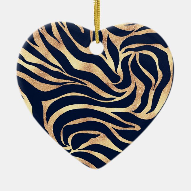 Elegant Navy Blue Gold Zebra Print Ceramic Tree Decoration (Front)