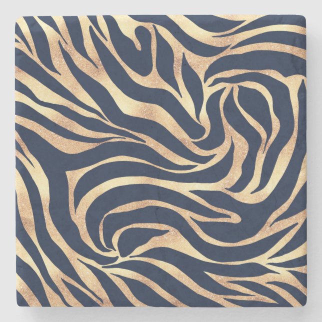 Elegant Navy Blue Gold Zebra Print Stone Coaster (Front)