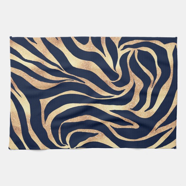 Elegant Navy Blue Gold Zebra Print Tea Towel (Horizontal)