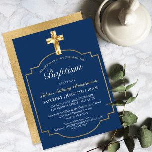 Elegant Navy Blue Golden Cross Boys Baptism Invitation