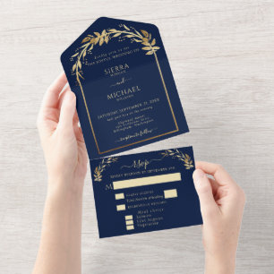 Elegant Navy Blue Golden Foliage Wedding Arch All In One Invitation