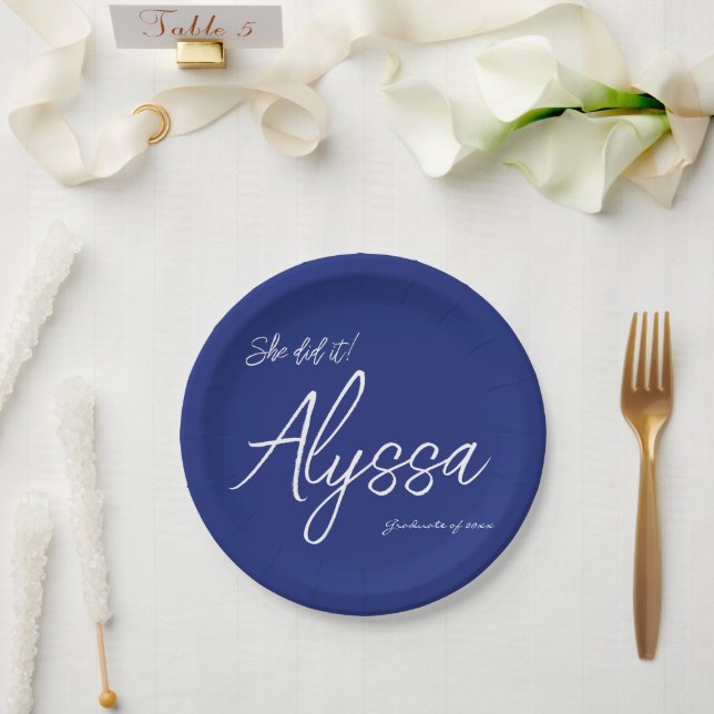 Elegant Navy Blue Graduation Party She Did It Paper Plate (Wedding)