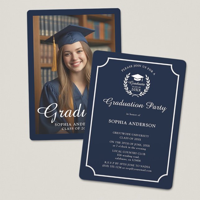 Elegant Navy Blue Graduation Photo School Emblem Invitation (Creator Uploaded)
