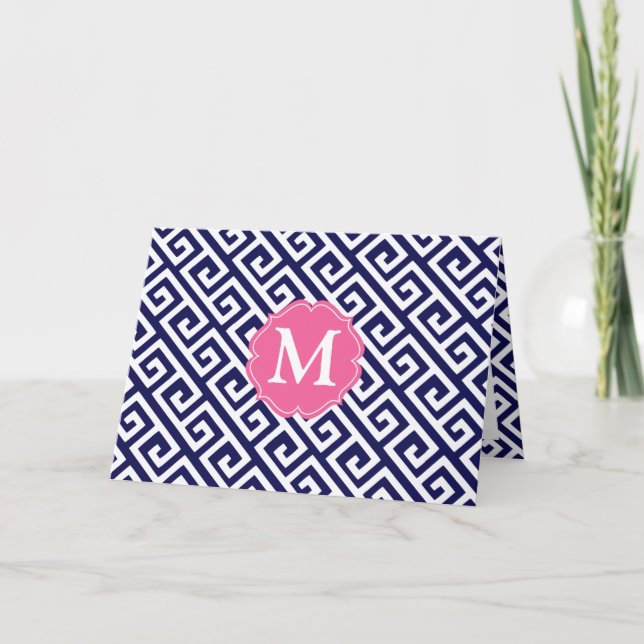 Elegant Navy Blue Greek Key Personalised Note Card (Front)