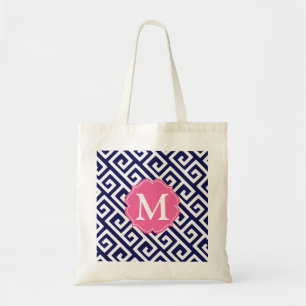 Elegant Navy Blue Greek Key Personalised Tote Bag