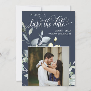 Elegant Navy Blue Green Leaves QR Code Photo Save The Date