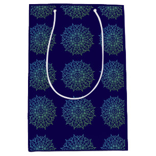 Elegant Navy Blue Green Mandala Birthday Medium Gift Bag