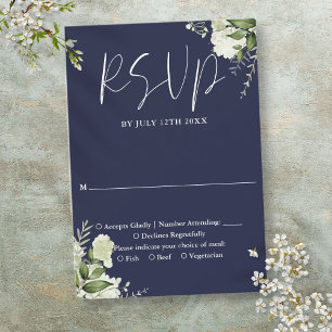 Elegant Navy Blue Greenery Floral Wedding RSVP Card