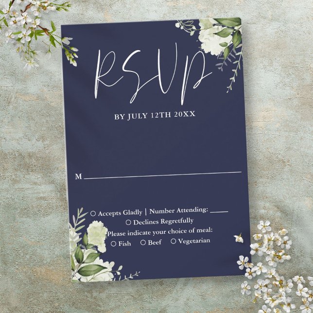 Elegant Navy Blue Greenery Floral Wedding RSVP Card (Elegant Navy Blue Greenery Floral Wedding RSVP Card)