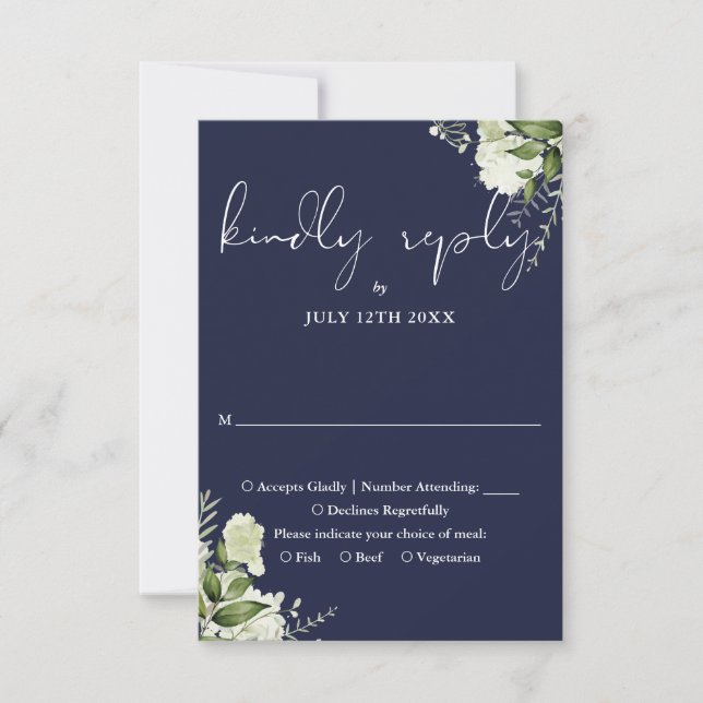 Elegant Navy Blue Greenery Floral Wedding RSVP Card (Front)
