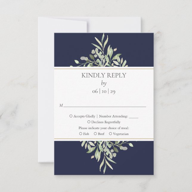 Elegant Navy Blue Greenery Wedding RSVP Card (Front)