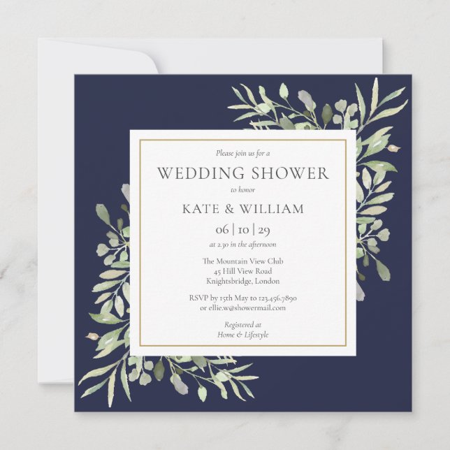 Elegant Navy Blue Greenery Wedding Shower Invitation (Front)