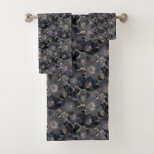 Elegant Navy Blue & Grey Floral Pattern Bath Towel Set