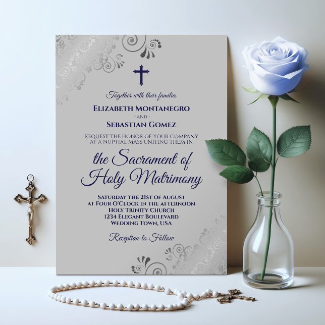 Elegant Navy Blue & Grey Modern Catholic Wedding Invitation (Creator Uploaded)