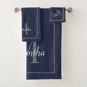 Elegant Navy Blue Grey Modern Monogram Bath Towel Set