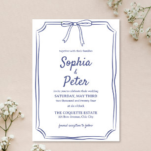 Elegant Navy Blue Hand-Drawn Bow Timeless Wedding Invitation