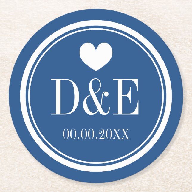 Elegant navy blue heart monogram wedding coasters (Front)