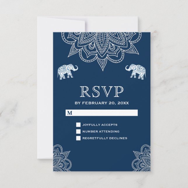 Elegant Navy Blue Henna Indian Wedding RSVP Card (Front)