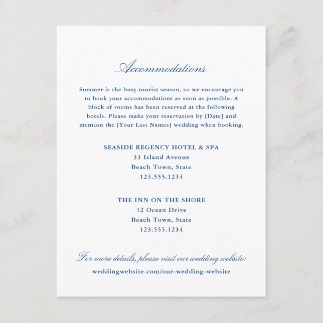Elegant Navy Blue Hotel Accommodations Enclosure Card (Front)