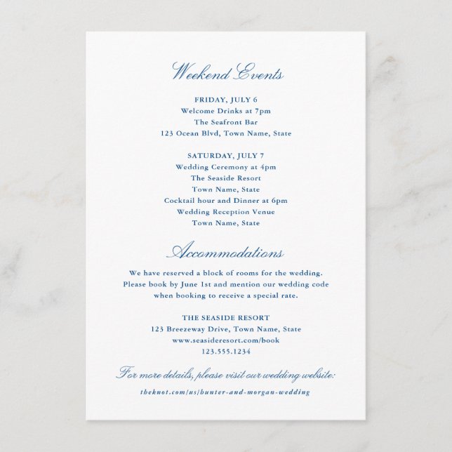 Elegant Navy Blue Hotel and Weekend Events Enclosure Card (Front)