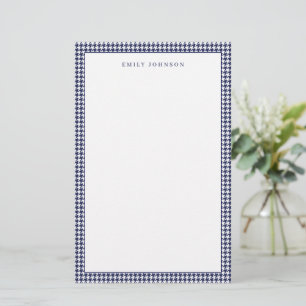 Elegant Navy Blue Houndstooth Monogram Stationery