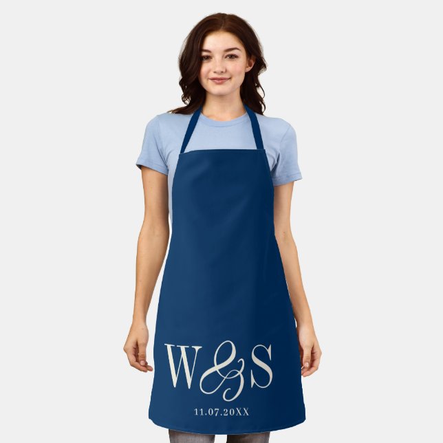 Elegant navy blue initial wedding couples apron (Worn)