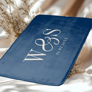Elegant navy blue initial wedding couples bath mat