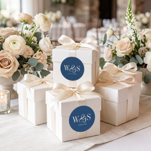 Elegant navy blue initial wedding couples classic round sticker
