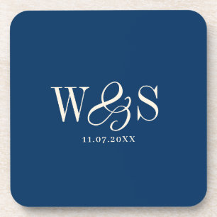 Elegant navy blue initial wedding couples coaster