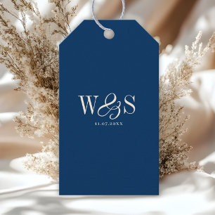Elegant navy blue initial wedding couples gift tags