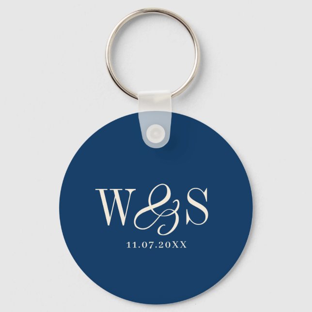 Elegant navy blue initial wedding couples key ring (Front)