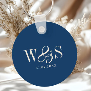 Elegant navy blue initial wedding couples key ring