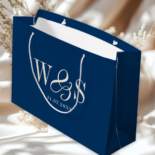 Elegant navy blue initial wedding couples large gift bag