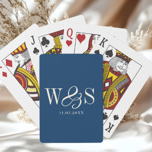 Elegant navy blue initial wedding couples playing cards