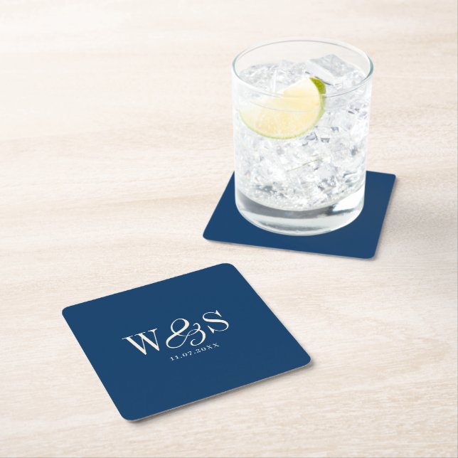 Elegant navy blue initial wedding couples square paper coaster (Insitu)