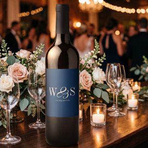 Elegant navy blue initial wedding couples wine label