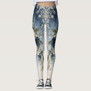 Elegant Navy Blue Ivory Floral Lace Leggings