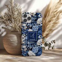 Elegant Navy Blue Ivory Floral Luxury iPhone Case