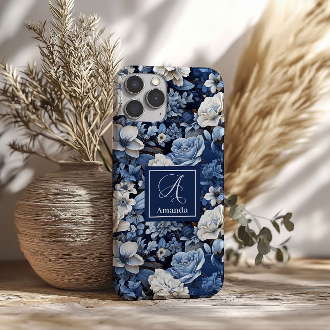 Elegant Navy Blue Ivory Floral Luxury iPhone Case (Sophisticated Navy White Ivory Floral Phone Case)