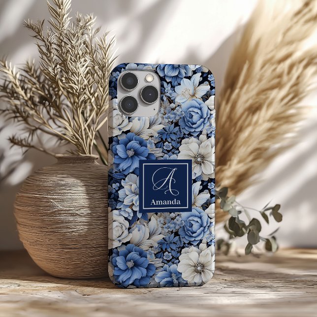 Elegant Navy Blue Ivory Floral Luxury iPhone Case (Elegant Blue and White Flowers Luxury iPhone Case)