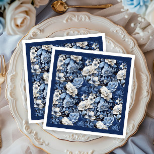 Elegant Navy Blue Ivory Floral Luxury Paper Napkin