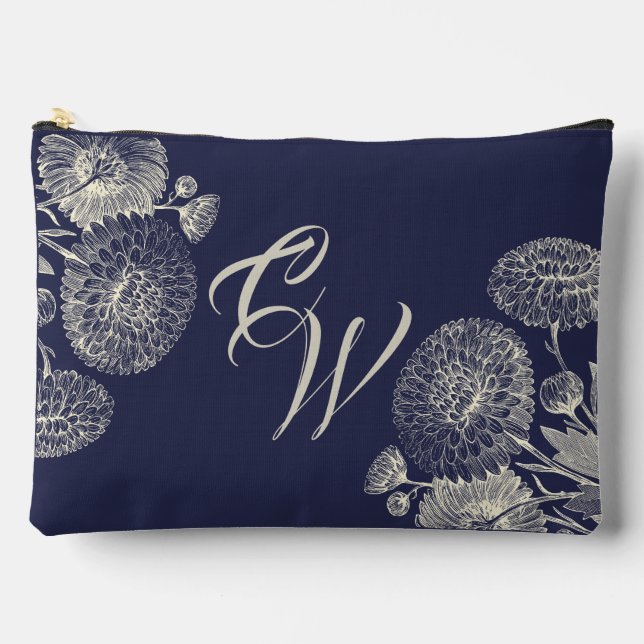 Elegant Navy Blue Ivory Floral Mum's Initials Accessory Pouch (Front)