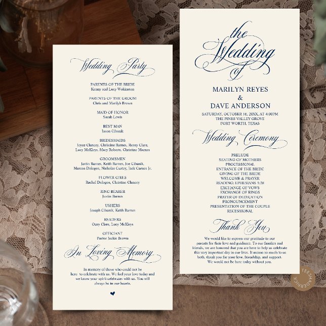 Elegant Navy Blue Ivory Formal Wedding Ceremony Programme (Elegant Navy Blue and Ivory Formal Wedding Ceremony Classic Program Card)