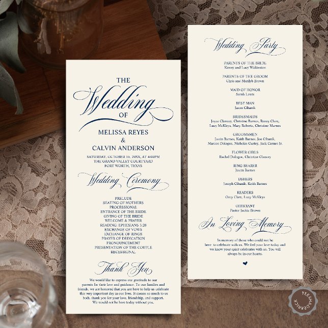 Elegant Navy Blue Ivory Script Wedding Ceremony Programme (Elegant Cream and Grey Script Wedding Ceremony Order Program Card in Navy Blue and Ivory)